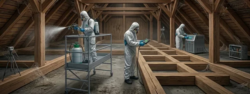 Odgrzybianie więźby dachowej | Grupa techników podczas pracy