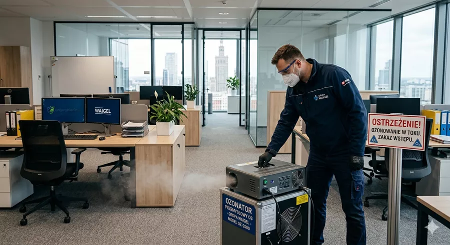 Ozonowane mieszkań, ozonowanie biur - technik podczas kontroli na procesem ozonowania biura.